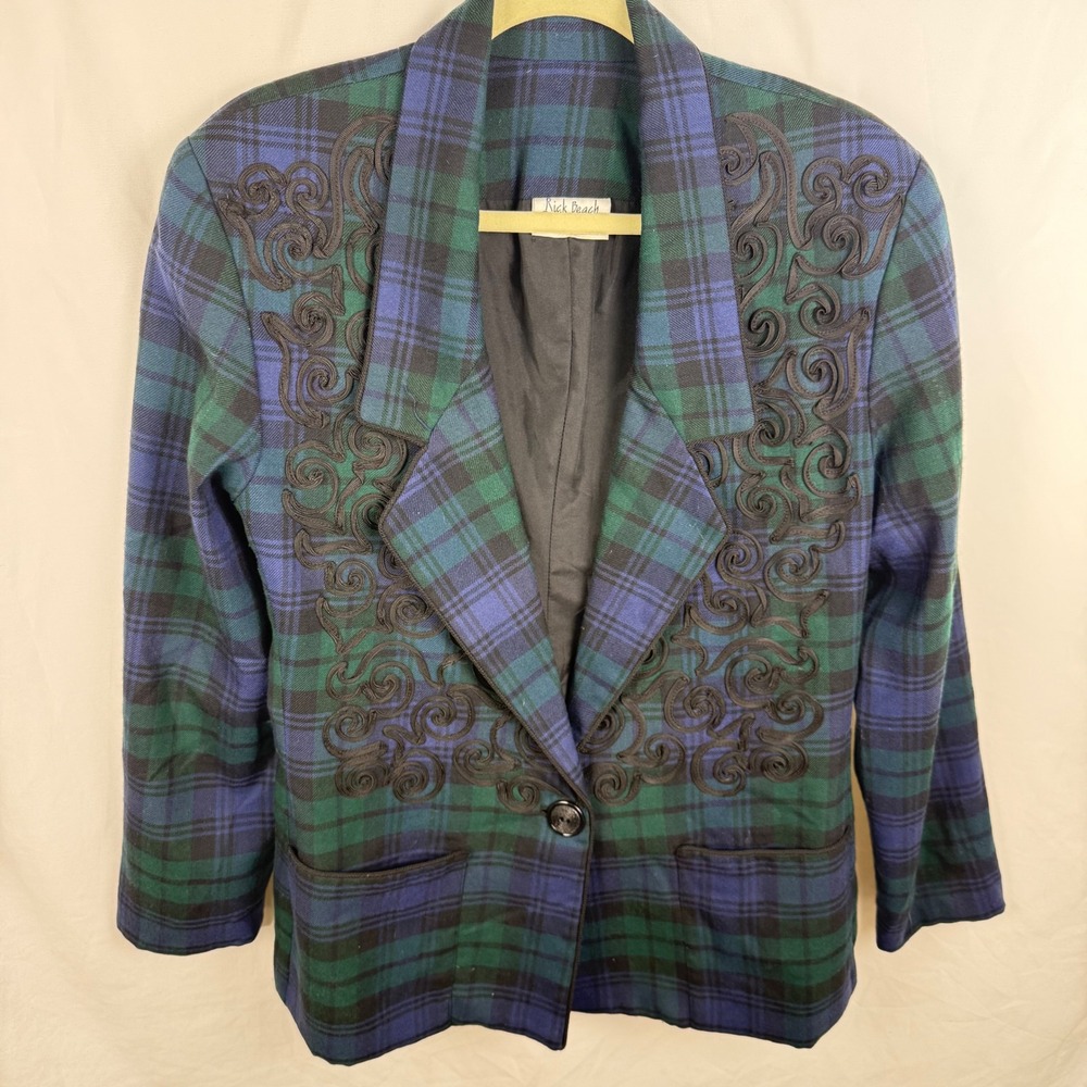 Vintage Rick Beach Patti Cappalli Green Blue Plaid Wool Blazer Medium Oversized
